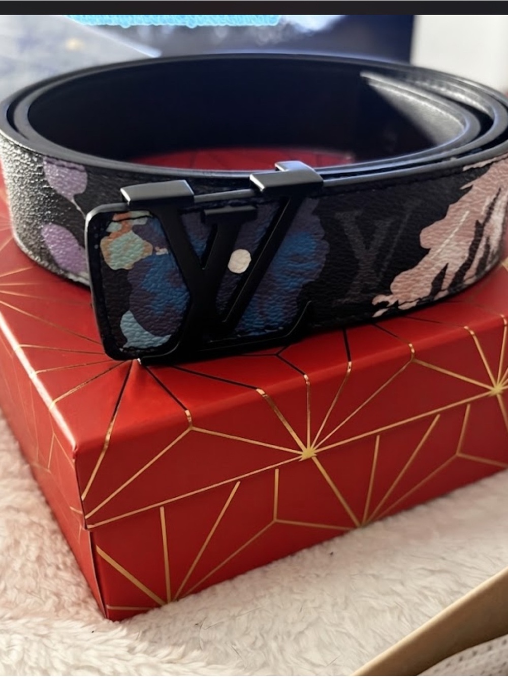 Designer Black colorful Floral-Print Leather Belt with Signature LV Buckle